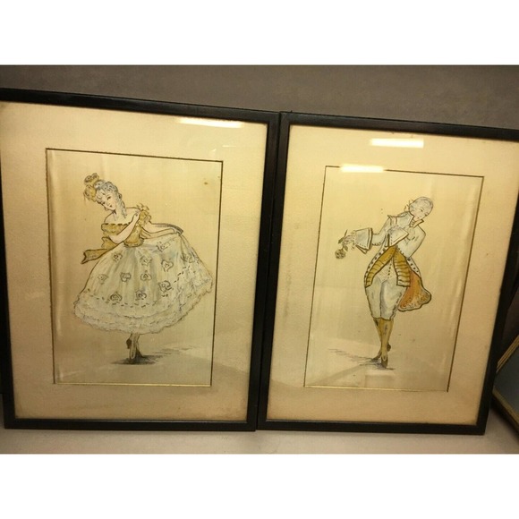 Pair of Vintage Fashion Paintings on Silk from Carson Pirie Scott & Co.